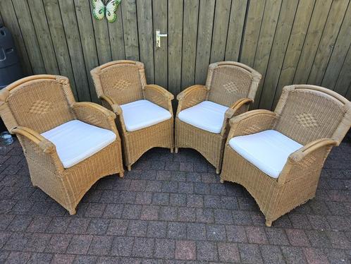 4 Rieten stoelen incl. zitkussens, Huis en Inrichting, Stoelen, Gebruikt, Vier, Riet of Rotan, Overige kleuren, Ophalen of Verzenden
