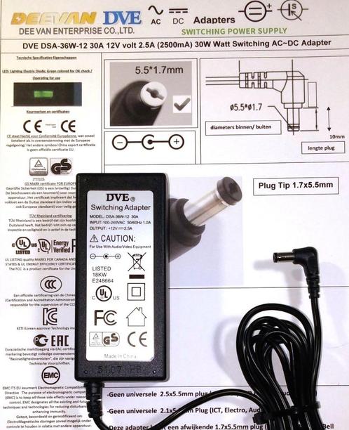 DVE DSA-36W-12 30A 12V 2.5A 30W Adapter Lader tip: 1.7x5.5mm, Computers en Software, Pc- en Netwerkkabels, Zo goed als nieuw, Ophalen of Verzenden