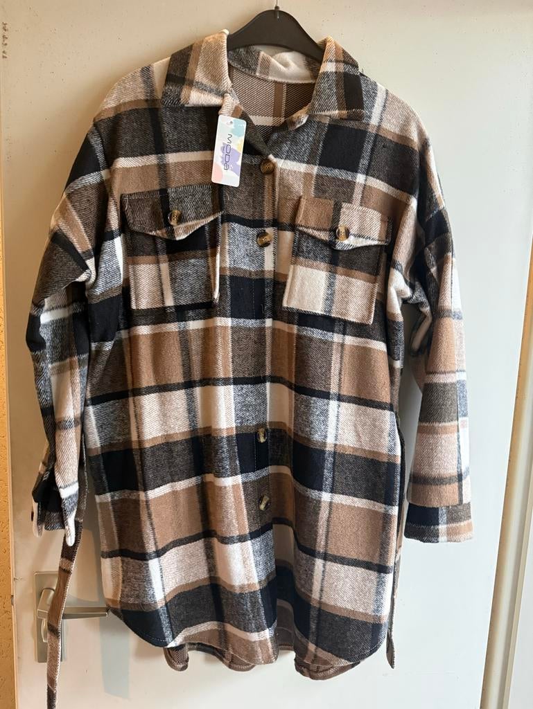 Geruite blouse/jas met riem - Maat 42/44, Bruin, Maat 42/44 (L), Nieuw, Ophalen of Verzenden