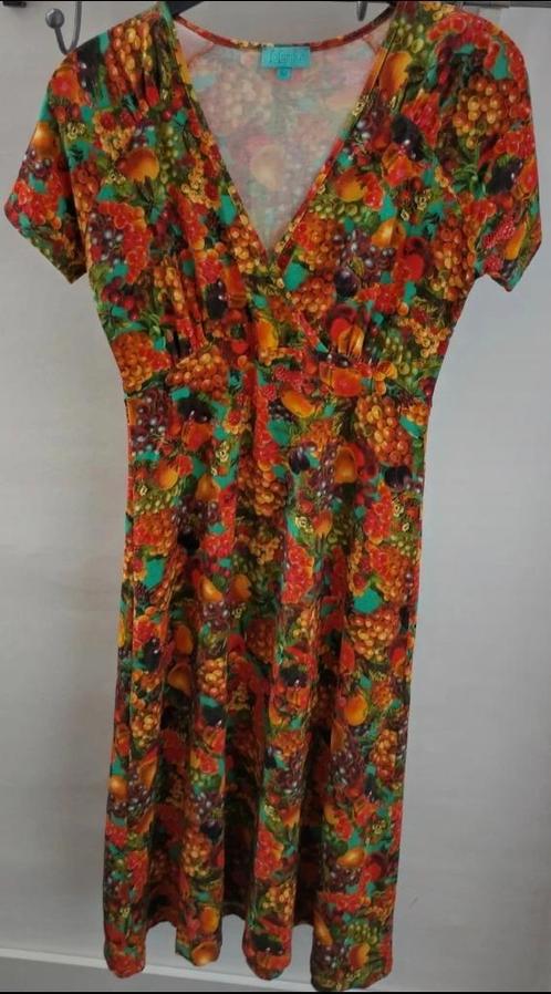 Lalamour citrusvruchten jurk M, Kleding | Dames, Jurken, Zo goed als nieuw, Maat 38/40 (M), Oranje, Onder de knie, Ophalen of Verzenden