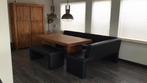 Eethoek teak 200x100 met zwart leren hoekbank en lage bank., Ophalen, Zo goed als nieuw