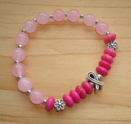 Pink Ribbon armband van rozenkwarts in maat naar wens, Sieraden, Tassen en Uiterlijk, Armbanden, Nieuw, Elastiek, Roze, Met bedels of kralen