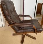 Leren draaistoel, met eiken leuningen en poot, Huis en Inrichting, Fauteuils, Ophalen, Gebruikt, Minder dan 75 cm, Hout