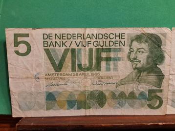Twee stuks 5 gulden bankbiljet 1966 vondel beschikbaar voor biedingen