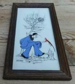 Vintage paarse Pierrot + vogeltje, ingelijste tegeltje, Ophalen of Verzenden