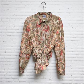 Vintage Blouse Maat 46 Beige Roze Retro Print beschikbaar voor biedingen