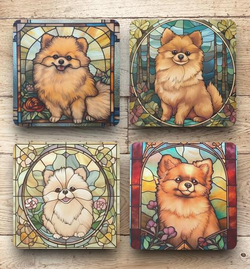 Pomeranian Glas in Lood onderzetters met houder, Huis en Inrichting, Woonaccessoires | Onderzetters, Nieuw, Glas of Kopje, Ophalen of Verzenden