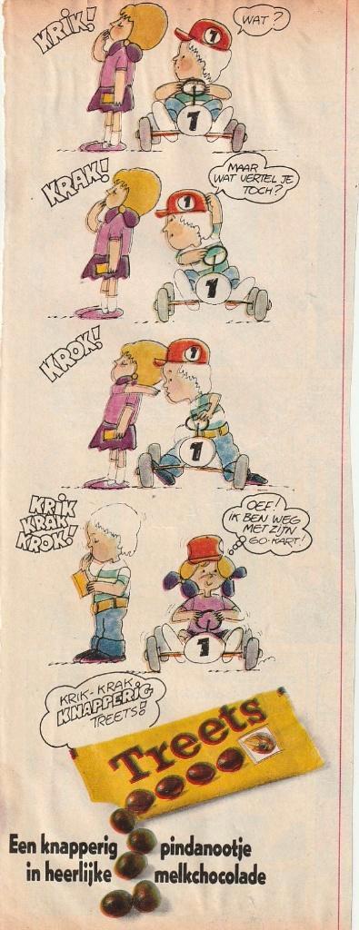 Retro reclame 1973 Treets chocolade jongetje skelter, Verzamelen, Retro, Overige typen, Verzenden