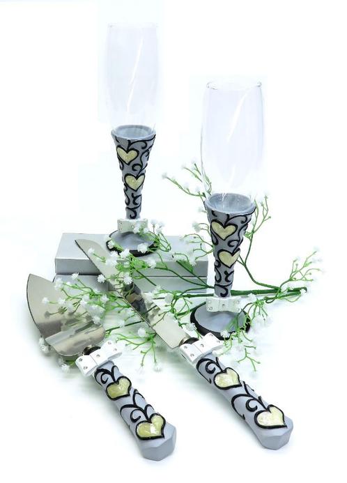 Schitterende champagneglazen met taartschep en mes., Hobby en Vrije tijd, Feestartikelen, Nieuw, Versiering, Geboorte of Huwelijk