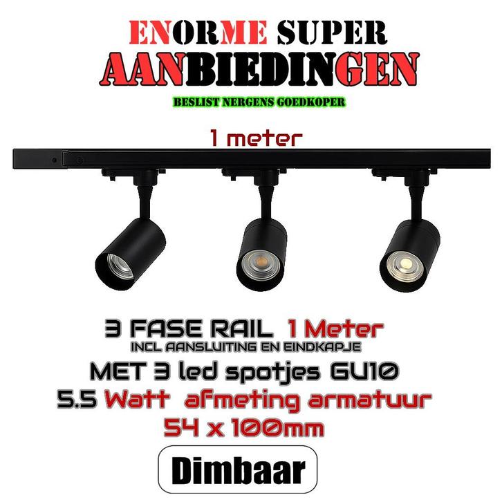 AANBIEDING COMPLETE SET-1 METER 1 FASE RAIL MET 3 SPOTS, Huis en Inrichting, Lampen | Plafondlampen, Nieuw, Metaal, Verzenden