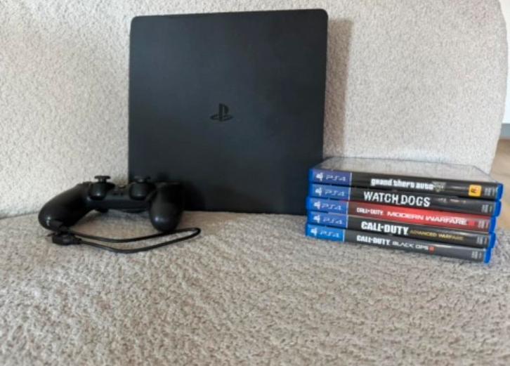 PS4 Slim 500GB + Controller + 5 Games, Spelcomputers en Games, Spelcomputers | Sony PlayStation 4, Gebruikt, Slim, 500 GB, Met 1 controller