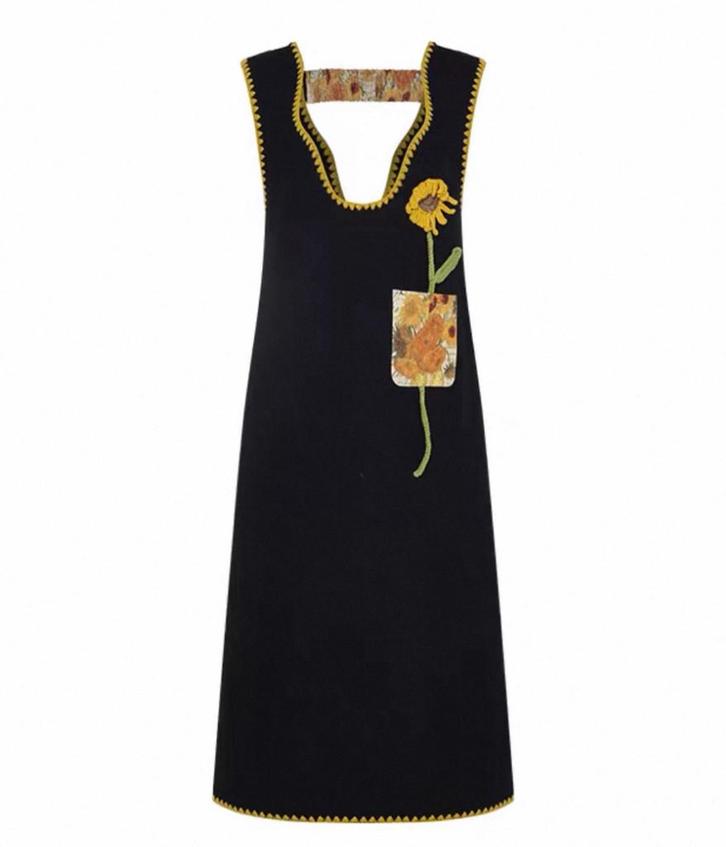 Zwarte Jurk met Zonnebloem Applicatie, Kleding | Dames, Jurken, Zo goed als nieuw, Maat 36 (S), Zwart, Knielengte, Ophalen