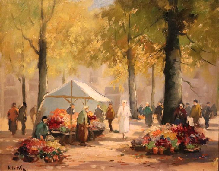 Mooi schilderij van een bloemenmarkt, Antiek en Kunst, Kunst | Schilderijen | Klassiek, Ophalen of Verzenden