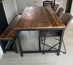 Eettafel mango hout met 4 stoelen en bankje, Zo goed als nieuw, Vijf personen of meer, 150 tot 200 cm, Rechthoekig