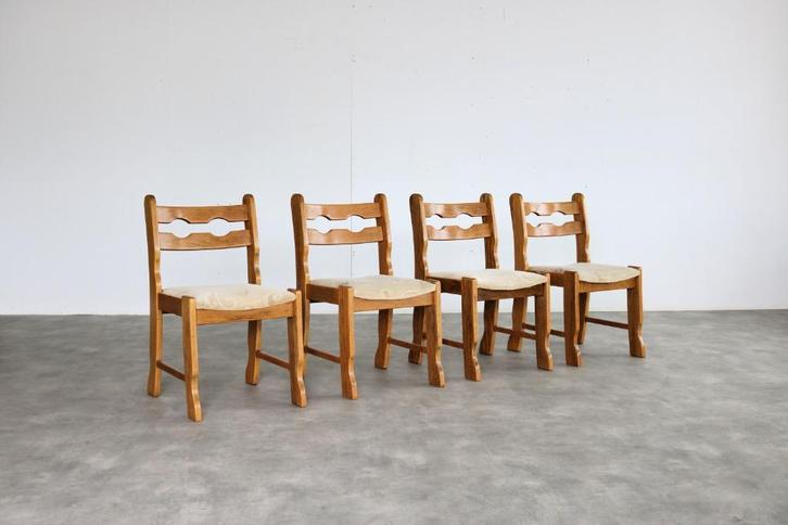 vintage eetkamerstoelen | stoelen | brutalist | jaren 60, Huis en Inrichting, Stoelen, Gebruikt, Vier, Hout, Stof, Ophalen of Verzenden
