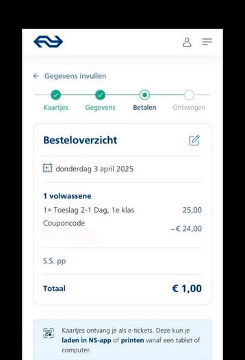 NS kortingscode | van 2e naar 1e klas upgrade | couponcode beschikbaar voor biedingen