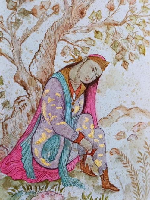 Perzische Miniatuur IRAN handgeschilderd Zittende Meisje, Antiek en Kunst, Kunst | Niet-Westerse kunst, Ophalen of Verzenden