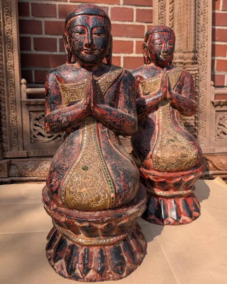 Paar Oude Thaise Thapanom Tempelfiguren – ca. 1870, Huis en Inrichting, Woonaccessoires | Boeddhabeelden, Gebruikt, Ophalen of Verzenden