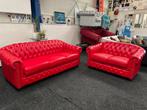 Chesterfield Maarssen ! Rood leren 3+2 Chesterfield Bankstel, Ophalen, Chesterfield, Zo goed als nieuw, Leer