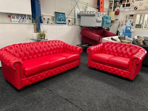 Chesterfield Maarssen ! Rood leren 3+2 Chesterfield Bankstel, Huis en Inrichting, Banken | Bankstellen, Zo goed als nieuw, 75 tot 100 cm