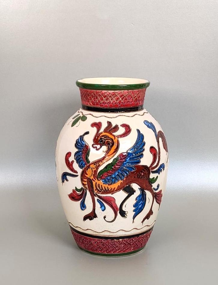 Mid Century Italiaanse vaas met fabeldier, draak. Handwerk, Antiek en Kunst, Curiosa en Brocante, Ophalen of Verzenden