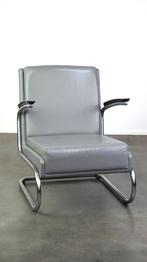Vintage grijze rundleren Bauhaus design fauteuil, Huis en Inrichting, Fauteuils, Ophalen, Gebruikt, ., .