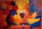 Kleurrijk stil leven met wijnglas, fruitmand en bloemen, Antiek en Kunst, Ophalen of Verzenden