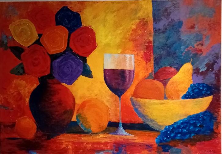 Kleurrijk stil leven met wijnglas, fruitmand en bloemen, Antiek en Kunst, Kunst | Schilderijen | Modern, Ophalen of Verzenden