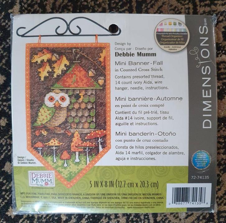 dimensions debbie mumm's herfst uil borduurpakket + hanger, Hobby en Vrije tijd, Borduren en Borduurmachines, Nieuw, Borduurpakket
