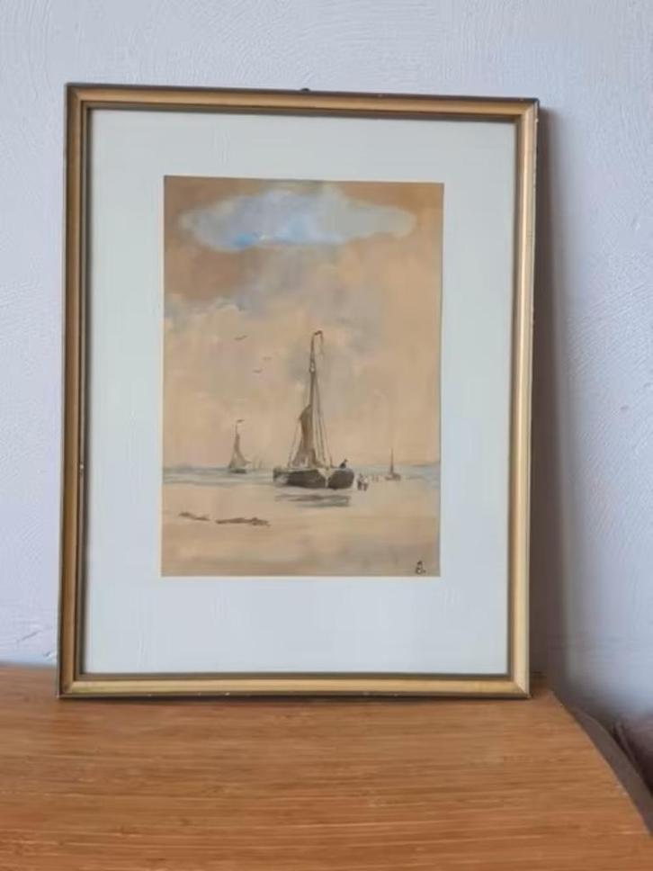 Originele aquarel bomschuiten op het strand Marius JANSSEN, Antiek en Kunst, Kunst | Schilderijen | Klassiek, Ophalen