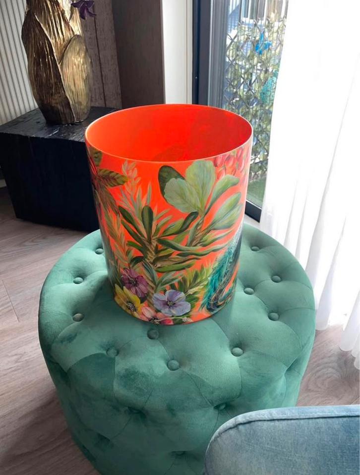 Handbeschilderde Vaas met Vogels - Oranje Glas, Huis en Inrichting, Woonaccessoires | Vazen, Gebruikt, Overige kleuren, Ophalen