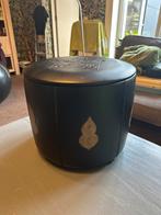 Retro Zwarte Poef / Opbergkruk met Decoratie, Huis en Inrichting, Minder dan 50 cm, Rond, Leer, Ophalen of Verzenden