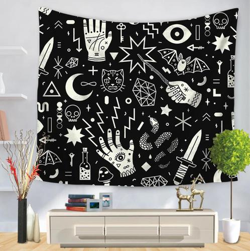 Magie Wandkleed / Wand Kleed Zwart Wit Doodskop Dolk Kat, Huis en Inrichting, Stoffering | Tapijten en Kleden, Nieuw, Rechthoekig