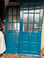 Twee blauwe buitendeuren met glas, Doe-het-zelf en Verbouw, Deuren en Horren, Ophalen, Gebruikt, Minder dan 80 cm, 200 tot 215 cm