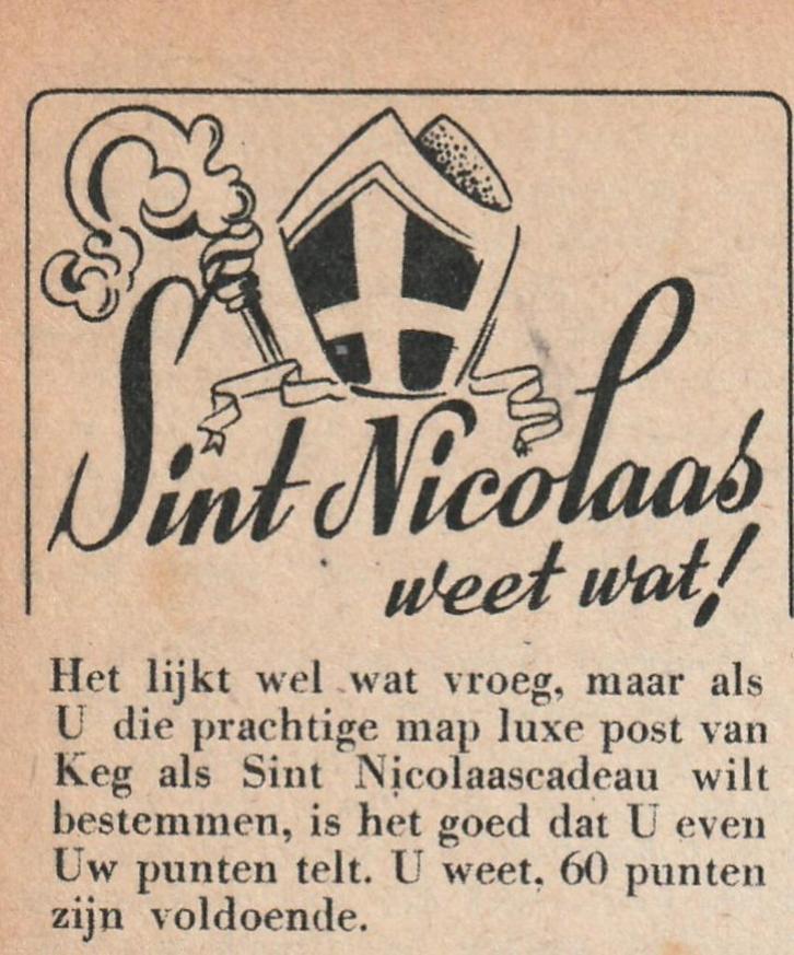 Retro reclame 1949 Keg's thee koffie Sinterklaas weet 't, Verzamelen, Retro, Overige typen, Verzenden