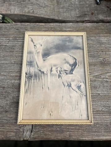 Schilderij ree met kalf vintage jaren 60 midcentury retro beschikbaar voor biedingen