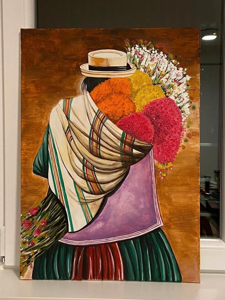 Olieverfschilderij: Vrouw met Bloemen, Antiek en Kunst, Kunst | Schilderijen | Klassiek, Ophalen of Verzenden