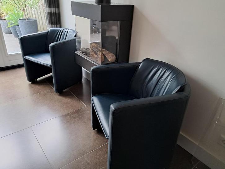 2 groen lederen fauteuils, merk: Leolux,, Huis en Inrichting, Fauteuils, Gebruikt, Leer, 50 tot 75 cm, Minder dan 75 cm, Ophalen