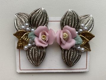 OLD STOCK CLIP oorbellen zilverkleur BLADEREN Rose BLOEM CL4 beschikbaar voor biedingen