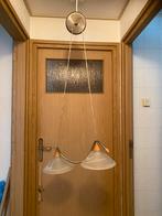 2 hanglampen met RVS, hout en melkglas lampenkappen., Ophalen of Verzenden, Zo goed als nieuw, Hout, Minder dan 50 cm