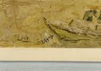 681. Olieverfschilderij, huisjes en boot, 2e helft 20e eeuw, Antiek en Kunst, Kunst | Schilderijen | Klassiek, Ophalen of Verzenden