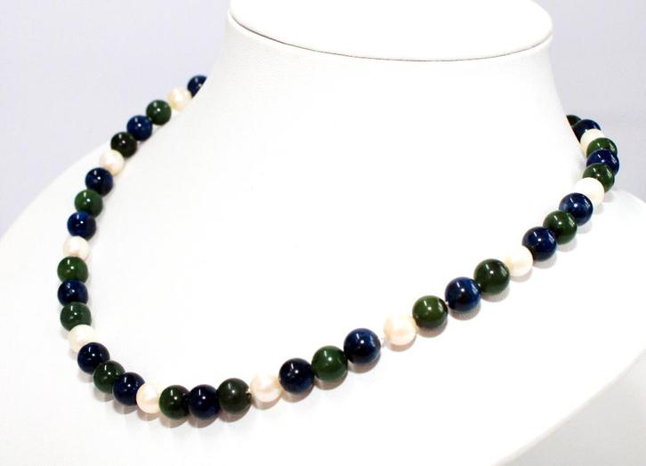 Prachtige Lapis Lazuli Jade & Akoya Parel Ketting 45 CM, Sieraden, Tassen en Uiterlijk, Antieke sieraden, Ketting, Zilver, Met edelsteen