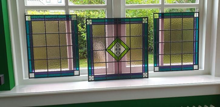 drieluik glas in lood ramen (met brandschildering), Doe-het-zelf en Verbouw, Glas en Ramen, Nieuw, Overige typen, Minder dan 80 cm