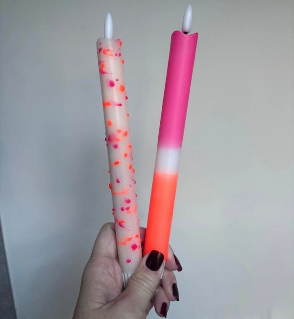 Set van 2 ledkaarsen roze oranje tinten met timer, Kunststof, Gebruikt, Ophalen of Verzenden, Kaars