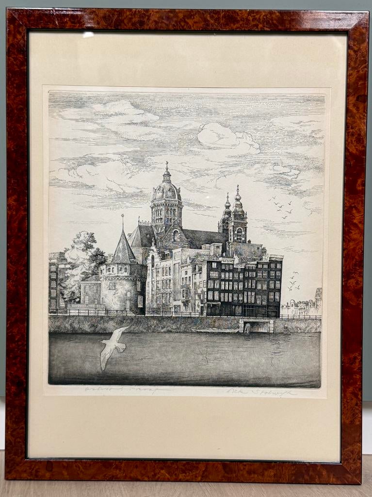 St. Nicolaaskerk, Amsterdam (gesigneerde ets), 33 cm, Stadsgezicht, 43 cm, Ophalen of Verzenden