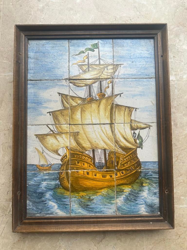Antiek Tegeltableau met Schip, Ophalen of Verzenden