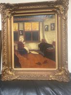 Schilderij Interieur met Lezende Vrouw - Gesigneerd, Antiek en Kunst, Ophalen of Verzenden