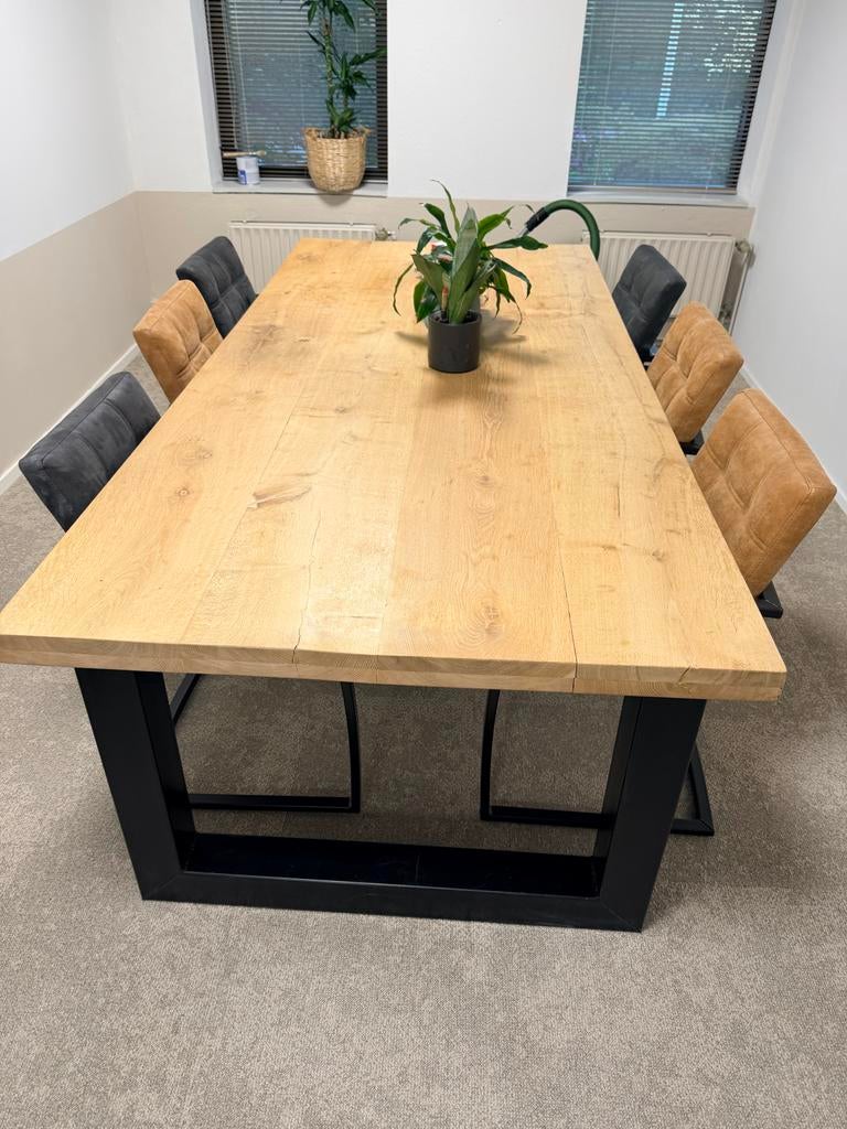 Massief eiken tafel met 6 stoelen - Topstaat, Huis en Inrichting, Tafels | Eettafels, Ophalen, 100 tot 150 cm, Eikenhout, 200 cm of meer
