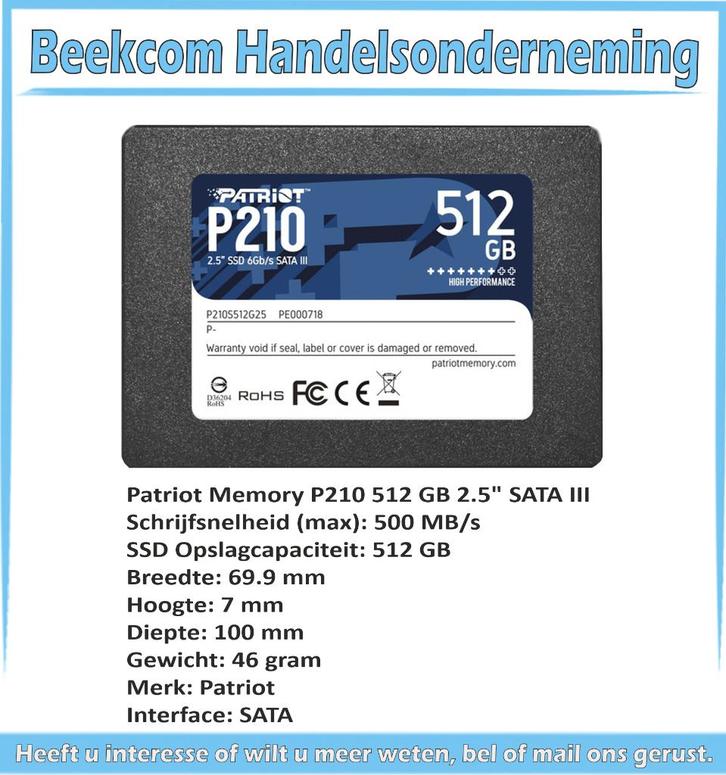 SSD Patriot Memory P210 512 GB 2.5" SATA III, Computers en Software, Harde schijven, Nieuw, Desktop, Intern, SSD, SATA, Ophalen