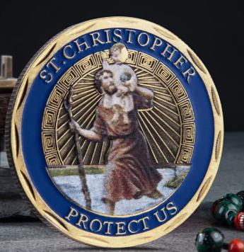 goudkleurige St Christoffel beschermer van de reizigers munt, Verzenden, Buitenland, Munten